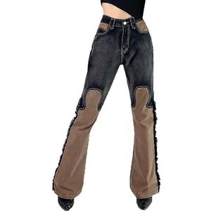 Cowgirl Edge Flared Jeans Vrouwen Vintage Patchwork Losse Broek Hoge Taille Slepen Broek Vrouwelijke (Color : Cherry, Size : M)