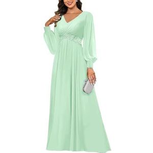 KIYNE Damesjurk met lange mouwen voor moeder van de bruid met kanten applicatie, V-hals, chiffon, formele feestjurk, mintgroen, 32