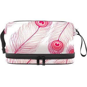 Dubbele Laag Cosmetische Tas Roze Pauw Draagbare Make-up Tas Reizen Organizer Pouch voor Vrouwen Meisjes Toiletartikelen Tassen, Meerkleurig, 27x15x14 cm/10.6x5.9x5.5 in, Make-up zakje