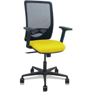 Zulema - Ergonomische bureaustoel met synchroonmechanisme, 2D-armleuningen, rugleuning van ademende netstof, zwart, zitting met Bali-stof in geel, wielen van 65 mm nylon