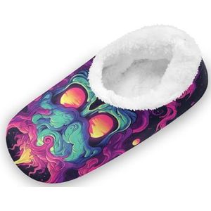 KAAVIYO Cool Fire Abstract Skull Outdoor Slippers Katoen Huisschoenen Gesloten Rug Winter Antislip Fuzzy Voeten Slippers voor Indoor Jongens Vrouwen, Patroon, Medium