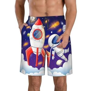 Universe Astronaut Raket Galaxy Print Heren Zwemshorts Trunks Mannen Sneldrogend Ademend Strand Surfen Zwembroek met Zakken, Wit, XXL