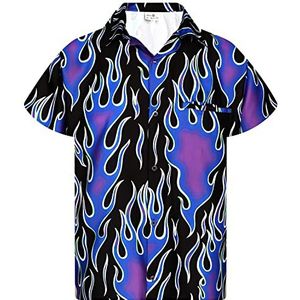 King Kameha Funky Hawaïhemd met korte mouwen, vlammenhemd voor heren, korte mouwen, wilde vlammen, paars, XS, Flames Wild Violet, XS