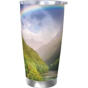 FHEBNDS 20 oz beker met deksel en rietje, roestvrij staal geïsoleerde koffiemok, dubbelwandige vacuüm reizen thermische bekers berg vallei met regenboog reismok lekvrije auto beker geschenken