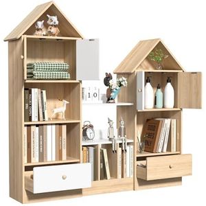 locwanot Kasteelvormige boekenkast, multi-tier combinatie boekenplank, U-vormige boekenkast met openingsplanken, 2 schuren en 2 laden, moderne opbergplank voor cd's/boeken/woondecoratie, houten kleur