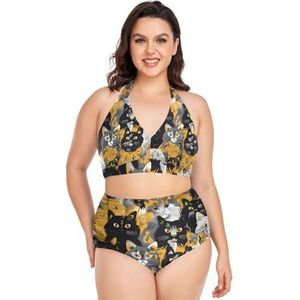 Halloween Kat Kitten Vrouwen Bikini Sets Plus Size Badpak Twee Stukken Hoge Taille Strandkleding Meisjes Badpakken, Pop Mode, XL