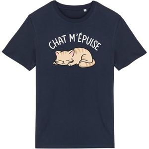Cat m'épuise T-shirt - voor heren - bedrukt in Frankrijk - 100% biologisch katoen - cadeau voor verjaardagsdieren, origineel grappig, Marineblauw, XXL