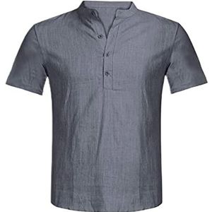 Heren Overhemd Van Koreaans Katoen-linnen, Korte Mouw, Zomer, Henley, Casual Met Knopen, Normale Pasvorm(Gray,3XL)