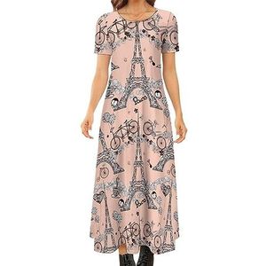 Paris Tower Fiets dames zomer casual korte mouwen maxi-jurk ronde hals bedrukte lange jurken 5XL