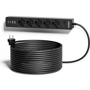 NTONPOWER - Verlengkabel 5M - 5-voudige Stekkerdoos - Zwart - Met 2 USB-C - Wandmontage - Kinderbeveiliging - Overspanningsbeveiliging