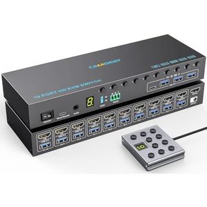 CAMGEET 10-poorts KVM-switch HDMI 4K @60Hz simulatie EDID, 10 IN 1 OUT HDMI KVM-switch voor 10 computers delen 1 monitor en 4 USB 3.0 poorten, 10 PC KVM-switches met audio RS232 & bekabelde