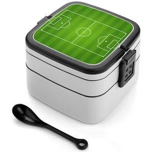 Groen Gras Voetbal Field Theme Bento Lunch Box Dubbellaags All-in-One Stapelbare Lunch Container Inclusief Lepel met Handvat
