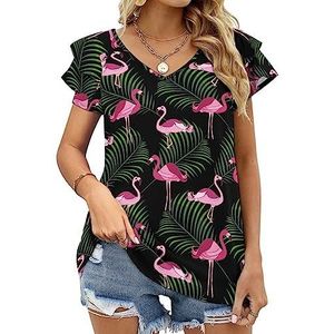 Roze flamingo en tropische flora dames casual tuniek tops ruches korte mouwen T-shirts V-hals blouse T-shirt