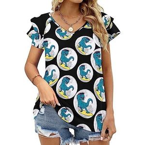 Surfing Dinosaur On Moon Dames Casual Tuniek Tops Ruches Korte Mouw T-shirts V-hals Blouse Tee