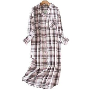 Womens Nightwear Ladies Nightgown Plus Size Nightdress Long-Sleeved Flannel Plaid Print Women Sleepwear Nightshirt-Pink Gray-L