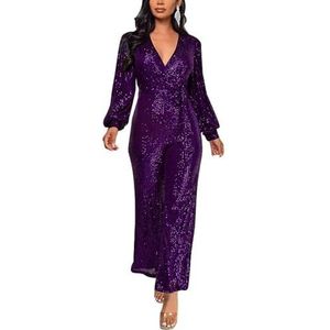 Jumpsuit - Paars - Elegante Formele Glitter Pailletten - Lange Mouw - Diepe V-hals