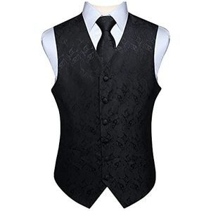 Enlision Vest voor heren, paisley, jacquard, set met stropdas en zakdoek voor in zak, zwart, 4XL