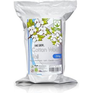 RE-GEN Katoenen wollen rol, 250 g, puur natuurlijke 100% katoenen wol, superzacht, absorberend, zacht voor de gevoelige gevoelige huid, gemakkelijk te scheuren, enkele lengte rol. Ideaal voor EHBO,