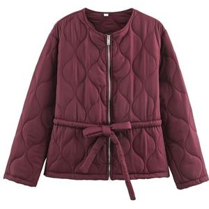 Lichtgewicht Gewatteerde Pufferjas for Dames, Oversized Cropped Jas Met Ritssluiting en Riem(Wine red,S)