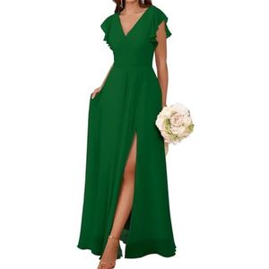 AHERKLL Bruidsmeisjesjurken met korte mouwen voor bruiloft ruches chiffon formele avondfeest maxi-jurk met steekzakken HAH059, Emerald Groen, 32
