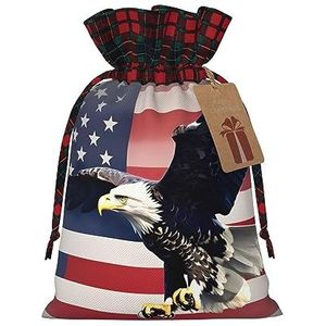 3d Bald Eagle Flying With American Flag Chic Drawstring Christmas Gift Bags, Patchwork Jute Pull-String Tassen, Herbruikbaar.