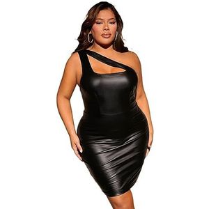 voor vrouwen jurk Plus bodycon-jurk van PU-leer met één schouder (Color : Noir, Size : XL)