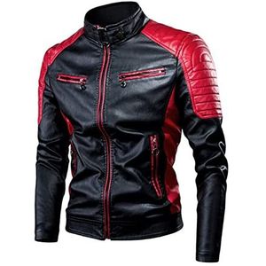 Beschermende Motorjas Motocross Voor Dames En Heren, Leren Jas Heren Vintage Thermische Leren Jas Met Opstaande Kraag Veel Zakken Motorjas (Color : Red, Size : M)