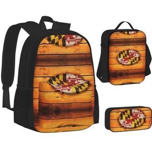 SUHNGE Witte schooltas met dierenprint, 3 stuks, wandelen, lichtgewicht, laptop, rugzak, etui, lunchtas, Vlag van Maryland, Eén maat