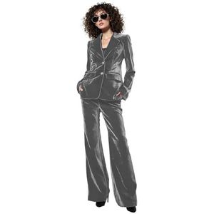 Vrouwen Fluwelen Pak 2 Stuk Office Lady Outfit Nothed Revers Vlevet Blazer Casual Wear Broek Pak Streetwear, Grijs, XS