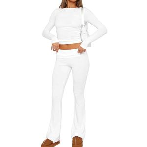 Women's 2 Piece Lounge Sets Fold-over Flare Pants, Cotton Long Sleeve Crop Top and Pants Casual Outfits Yoga Set (S,White)