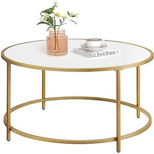 VASAGLE ronde salontafel, woonkamertafel met houten plank en gouden stalen frame, salontafel, eenvoudige montage, moderne stijl, goud en wit LCT091A10