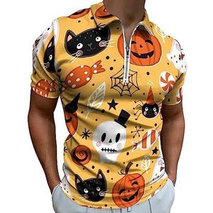 Halloween Pompoen Geest Kat En Schedel Polo Shirt voor Mannen Casual Rits Kraag T-shirts Golf Tops Slim Fit