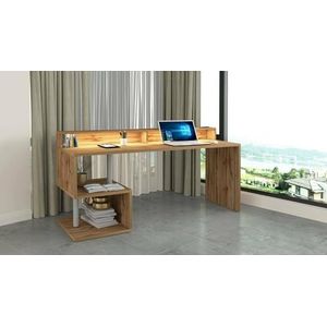 Dmora Alban, lineair bureau met planken en ledlampen, multifunctioneel bureau met opzetstuk, 180 x 92,5 x 60 cm, eiken, leisteen