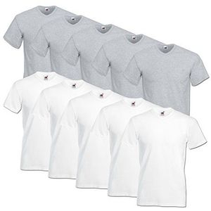 Fruit of the Loom T-shirt voor heren, met V-hals, voordeelverpakking van 10 stuks, Meerkleurig (wit/grijs), L