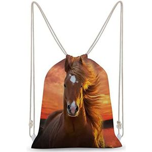 Golden Sunset Sundown Horse Lake Trekkoord Rugzak String Bag Sackpack Canvas Sport Dagrugzak voor Reizen Gym Winkelen