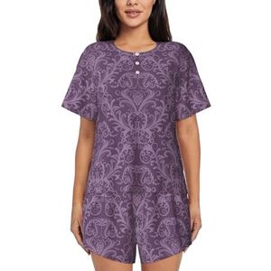 RIVETECH Pyjama met paarse print voor dames met korte mouwen - comfortabele korte sets, nachtkleding met zakken, Zwart, XL