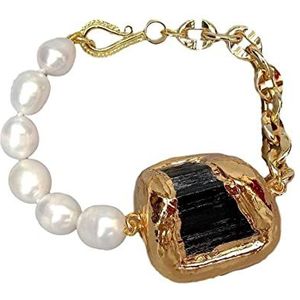 Armbanden Natuurlijke gekweekte witte rijst zoetwaterparel natuurlijke zwarte toermalijn ruwe ruwe goudkleurige pave armband 8,5"" (Color : Gold_8.5 inches)