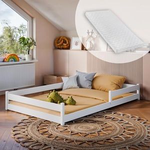 Kids Collective Montessori Kinderbed, vloerbed, 120 x 200 cm, met valbeveiliging en lattenbodem, voor kinderen, tienerbed, eenpersoonsbed, inclusief matras, wit