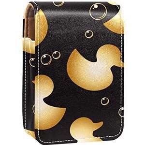 Leuke gouden eend op zwarte achtergrond draagbare lippenstift geval voor reizen, Mini lippenstift opbergdoos met spiegel voor vrouwen dames, lederen cosmetische etui, Meerkleurig, 9.5x2x7 cm/3.7x0.8x2.7 in