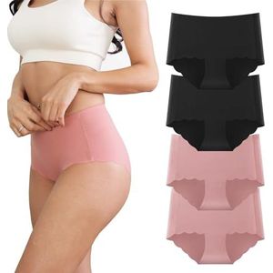 Dumwis Naadloze damesslips, onzichtbare onderbroek, zacht, medium taille, onderbroek van microvezel, zwart, verpakking van 4 stuks, zwart en roze, XL