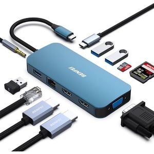 BENFEI 11-in-1 USB C Hub Triple Display Docking Station Dual HDMI, VGA, 3 * USB 3.0, 1 Gbps Ethernet, 100W Power Delivery, SD/TF-kaartlezer, 3,5 mm AUX Audio compatibel met MacBook XPS Surface