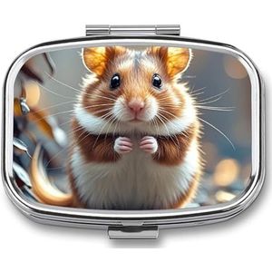 Leuke en Weird Hamster Pillendoos 2 Compartiment Vierkante Pillendoos voor Pocket Purse Draagbare Reizen Geneeskunde Tablet Vitamine Houder Organizer Mini Decoratieve Pil Case
