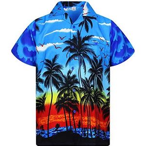 V.H.O. Funky Hawaïhemd heren korte mouwen voorzak Hawaii-print strand palmen diverse kleuren, blauw, M