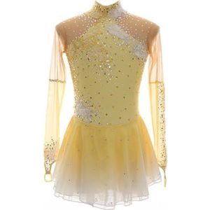 Nnnydjy Ijswedstrijdjurken Voor Dames Handgemaakte Applique Kunstschaatsrokken Voor Meisjes Kunstgymnastiek Turnpakje Ronde Hals,Geel,11_13Years