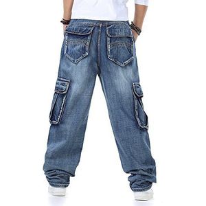 Baggy Hip Hop Jeans voor heren, grote maten, 30-46, meerdere zakken, skateboard, cargo-jeans voor mannen, tactische denim joggingbroek, Blauw, 48