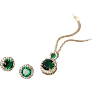 Luxe mode smaragd zirkoon ronde hanger ketting oorbellen Set titanium stalen ketting temperament sieraden Set voor vrouwen Gift-goudkleur