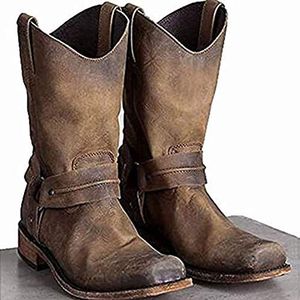 MWbetsy Heren westerncowboylaarzen vintage vierkant hoofd ridder boot-hoge hulp punk gothic rock art korte laarzen winterwandelen trekking jacht, bruin, 45 EU