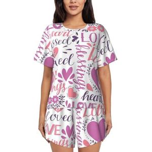 YQxwJL Mooie Harten Print Vrouwen Pyjama Sets Shorts Korte Mouw Lounge Sets Nachtkleding Casual Pjs Met Zakken, Zwart, M