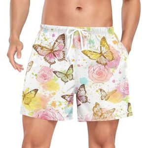 Niigeu Art Daisy Flower Butterfly zwembroek voor heren, sneldrogend, met zakken, Leuke mode, M