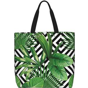 FRGMNT Veelkleurige Rozen Print Tote Bag Voor Vrouwen, Casual Rits Tote Mode Schouder Handtas Hobo Tas Met Zakken, Groene bladeren van palmboom tropische plant, Eén maat